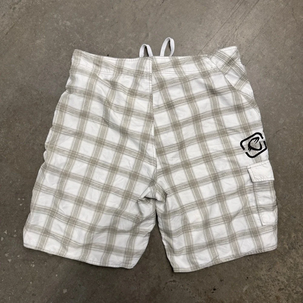 Carbon Mens Board Shorts White Tan Plaid Cargo Pocket Swim Trunks Size Large